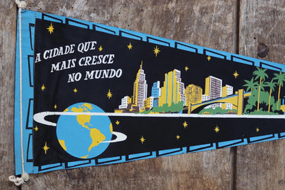 Vintage 1950s home decor Brazilian São Paulo satin mid century tourist souvenir pennant screen printed print