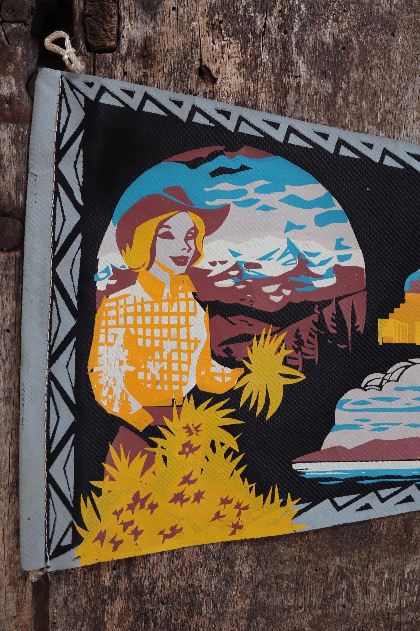 Vintage 1950s pennant - mid century home decor - cowgirl print - Brazil tourist souvenir