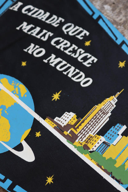 Vintage 1950s home decor Brazilian São Paulo satin mid century tourist souvenir pennant screen printed print