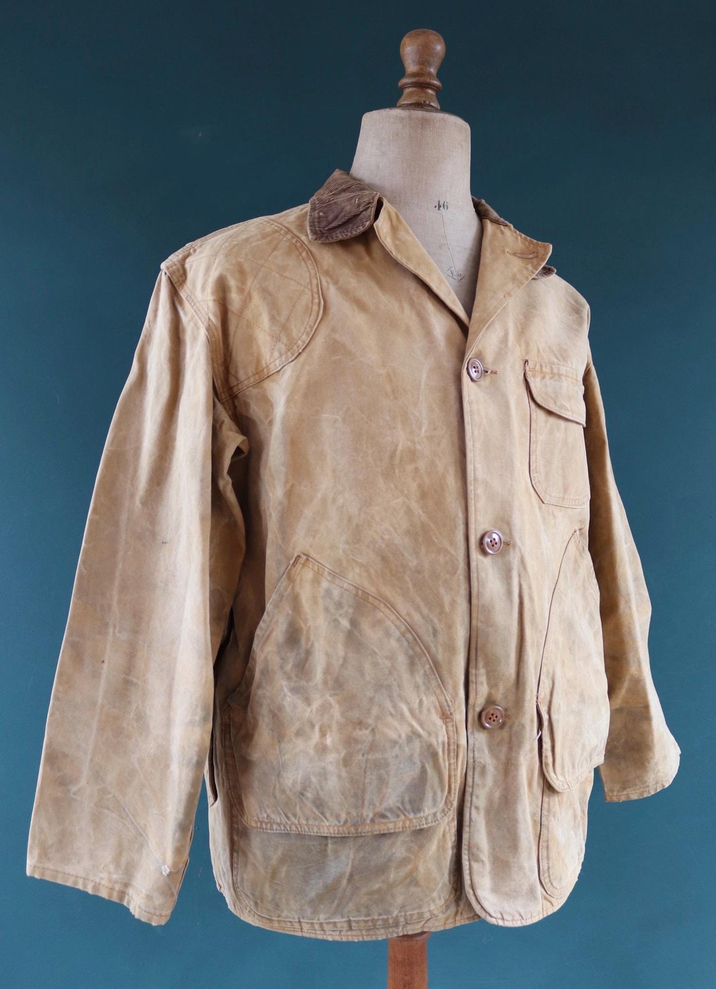 Vintage 1980s hunting jacket Hawthorne tan brown duck cotton canvas shooting American 48” chest workwear chore