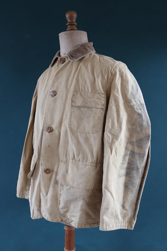 Vintage 1950s 1960s hunting jacket American Field Hettrick tan brown duck cotton canvas shooting American 49” chest workwear chore