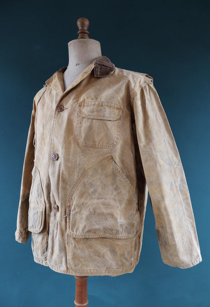 Vintage 1980s hunting jacket Hawthorne tan brown duck cotton canvas shooting American 48” chest workwear chore