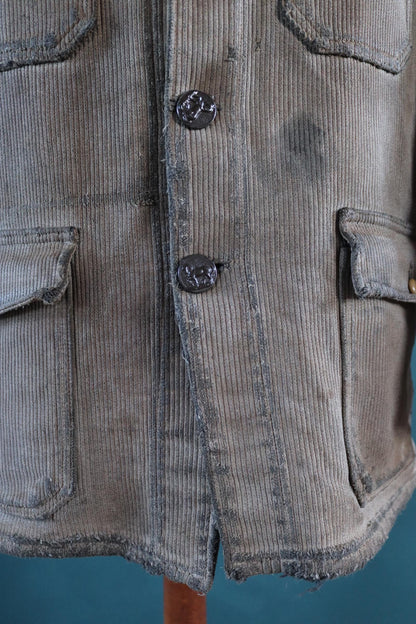 Vintage French workwear jacket 1950s grey coutil pique corduroy hunting work 44” chest venery animal scene buttons darned repaired