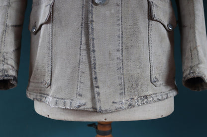 Vintage French workwear jacket 1930s 1940s grey pique briarproof hunting work 40” chest venery animal scene buttons darned