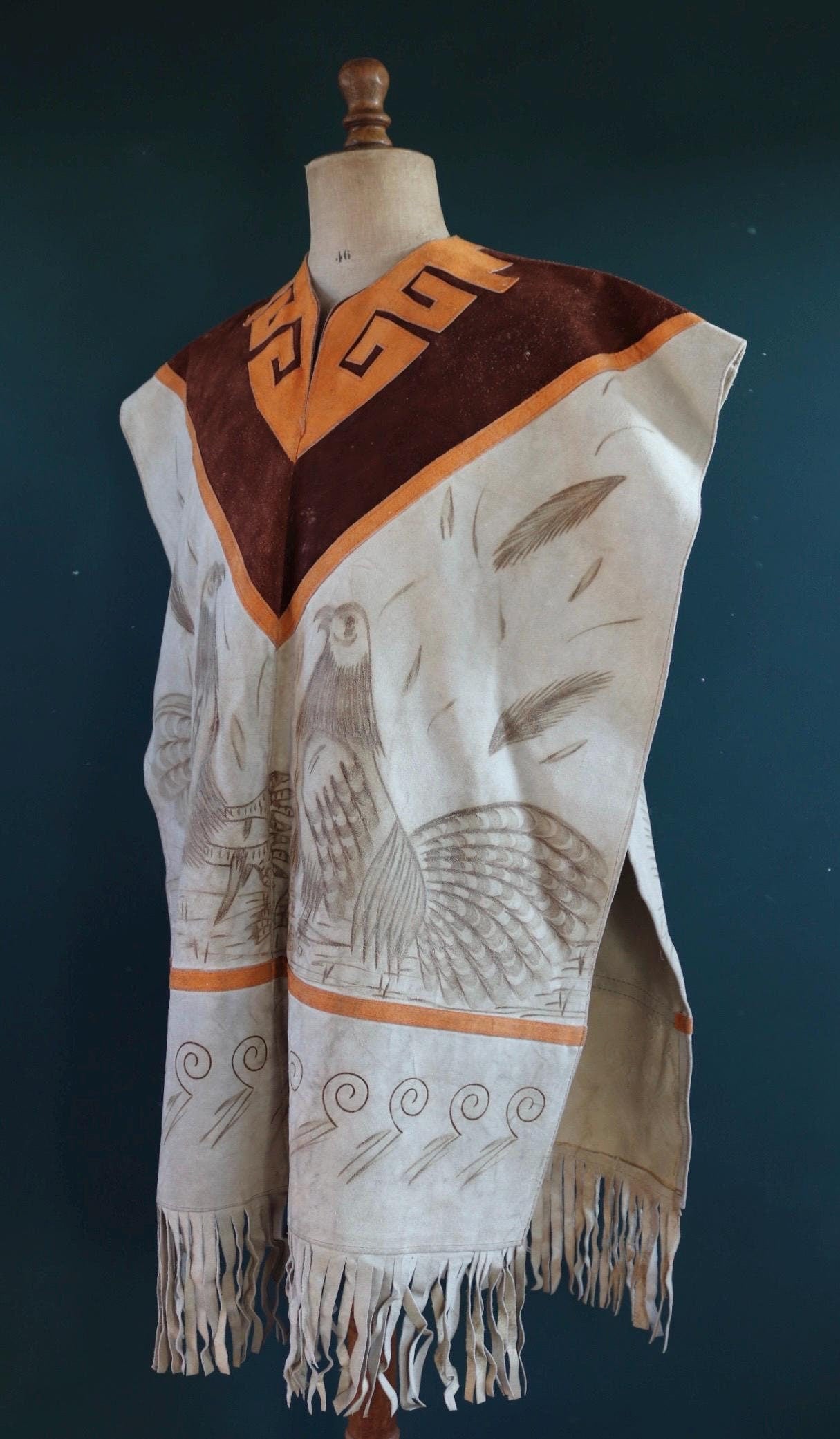 Vintage 1960s 1970s suede poncho orange brown tasseled cow hide vest waistcoat South Western souvenir biker tabard gilet decorated