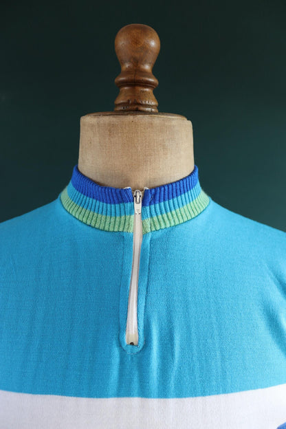 Vintage 1970s cycling jersey shirt top race Shimano blue 37" chest made in England quarter zip mod Tour de France