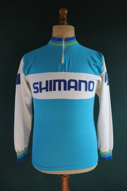 Vintage 1970s cycling jersey shirt top race Shimano blue 37" chest made in England quarter zip mod Tour de France