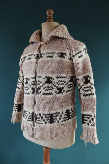 Vintage 1960s 60s hand knitted cream brown thick wool cowichan sweater cardigan jumper knit Lightning zipper shawl collar 38” chest