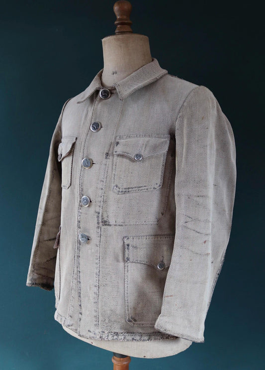 Vintage French workwear jacket 1930s 1940s grey pique briarproof hunting work 40” chest venery animal scene buttons darned