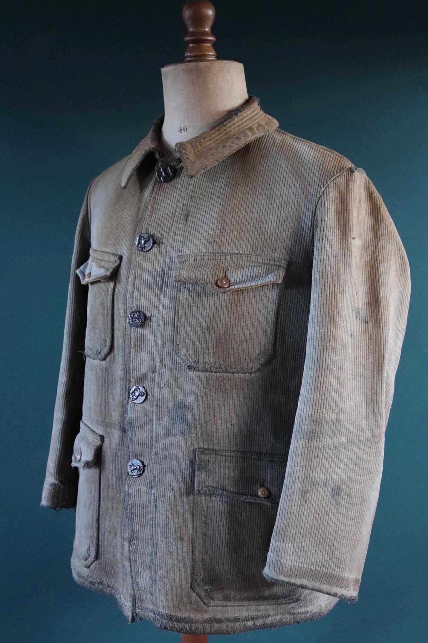 Vintage French workwear jacket 1950s grey coutil pique corduroy hunting work 44” chest venery animal scene buttons darned repaired