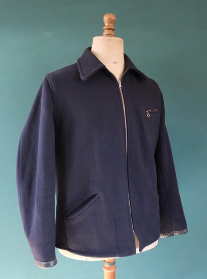 Vintage 1950s 50s Sears Hercules midnight navy blue wool half belt jacket Talon zipper 44” chest car coat