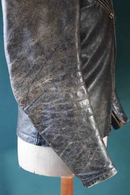 Vintage 1960s hand painted leather jacket - Bates of California - black cafe racer - Lucky 13 - 40" chest
