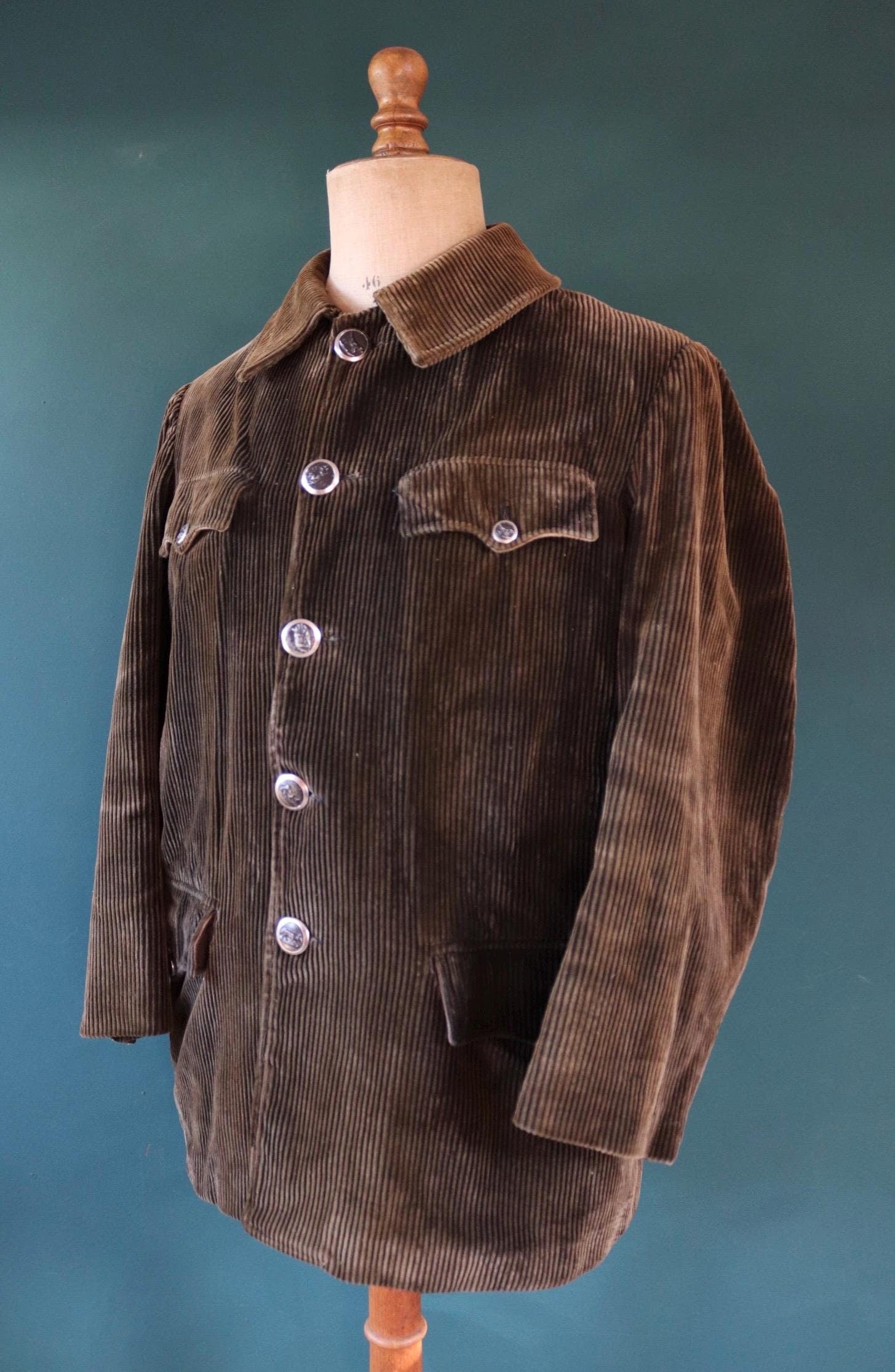 Vintage French workwear jacket brown velours corduroy 1940s 1950s hunting shooting 46” chest chore venery scene buttons