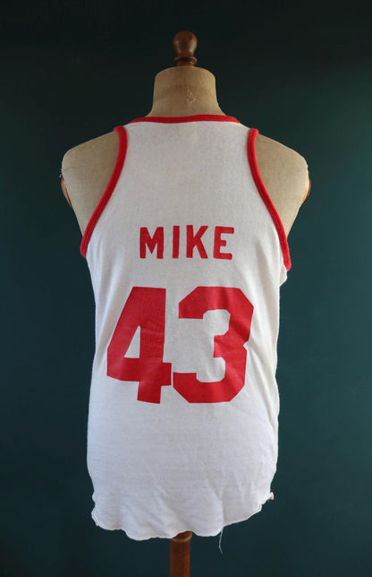 Vintage 1970s 1980s vest singlet white red nylon durene 43 Mike athletics sportswear basketball 40" chest