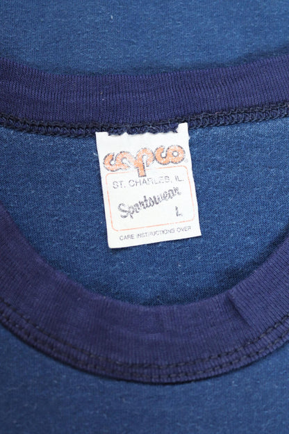 Vintage 1980s 80s t shirt navy blue poly cotton college school sports sportswear 38” chest