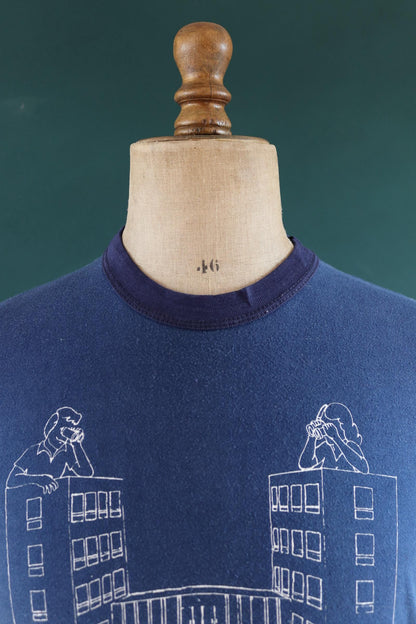 Vintage 1980s 80s t shirt navy blue poly cotton college school sports sportswear 38” chest