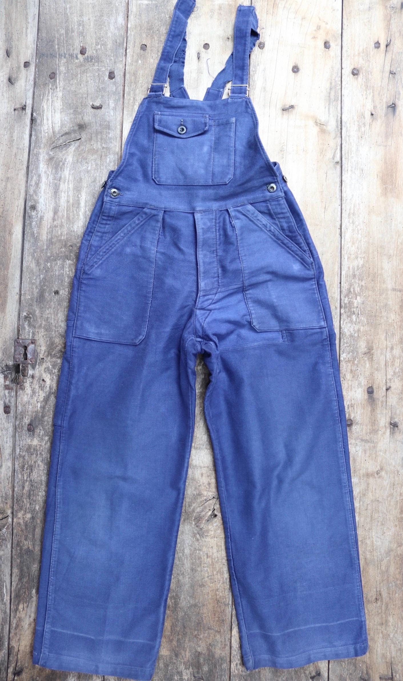 Vintage French workwear overalls dungarees moleskin 1950s 1960s work chore bib brace 27” 28” x 26” bleu de travail