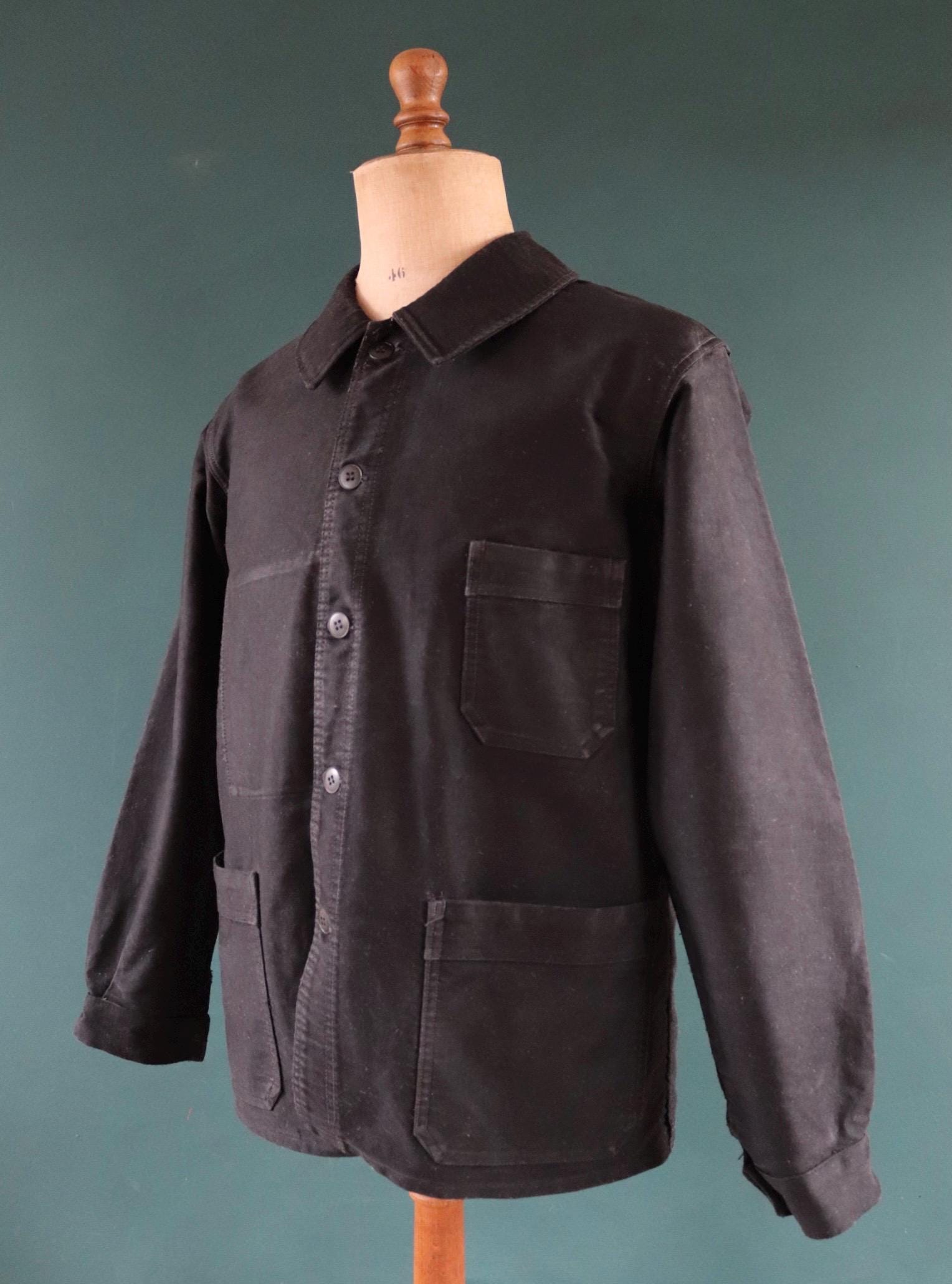 Vintage French black moleskin workwear jacket 1940s 1950s work chore 44” chest