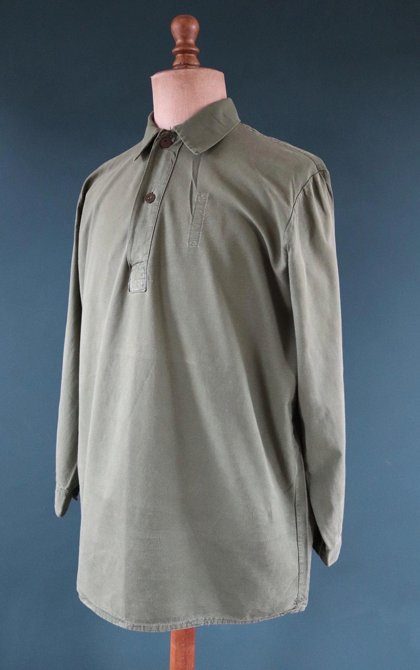 Vintage 1970s 70s M59 Swedish army military fältskjorta green cotton smock shirt pop over work workwear chore 48” chest
