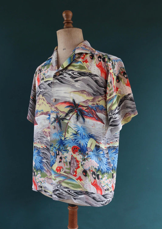 Vintage 1950s 50s Pali Eugene Savage King Kamehameha volcano print rayon Hawaiian tiki shirt Aloha Universal World 46” chest