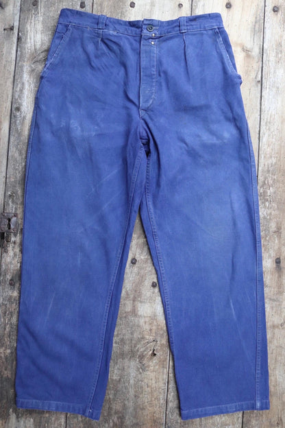 Vintage French workwear trousers pants indigo cotton twill 1940s 1950s work chore 32” x 27”