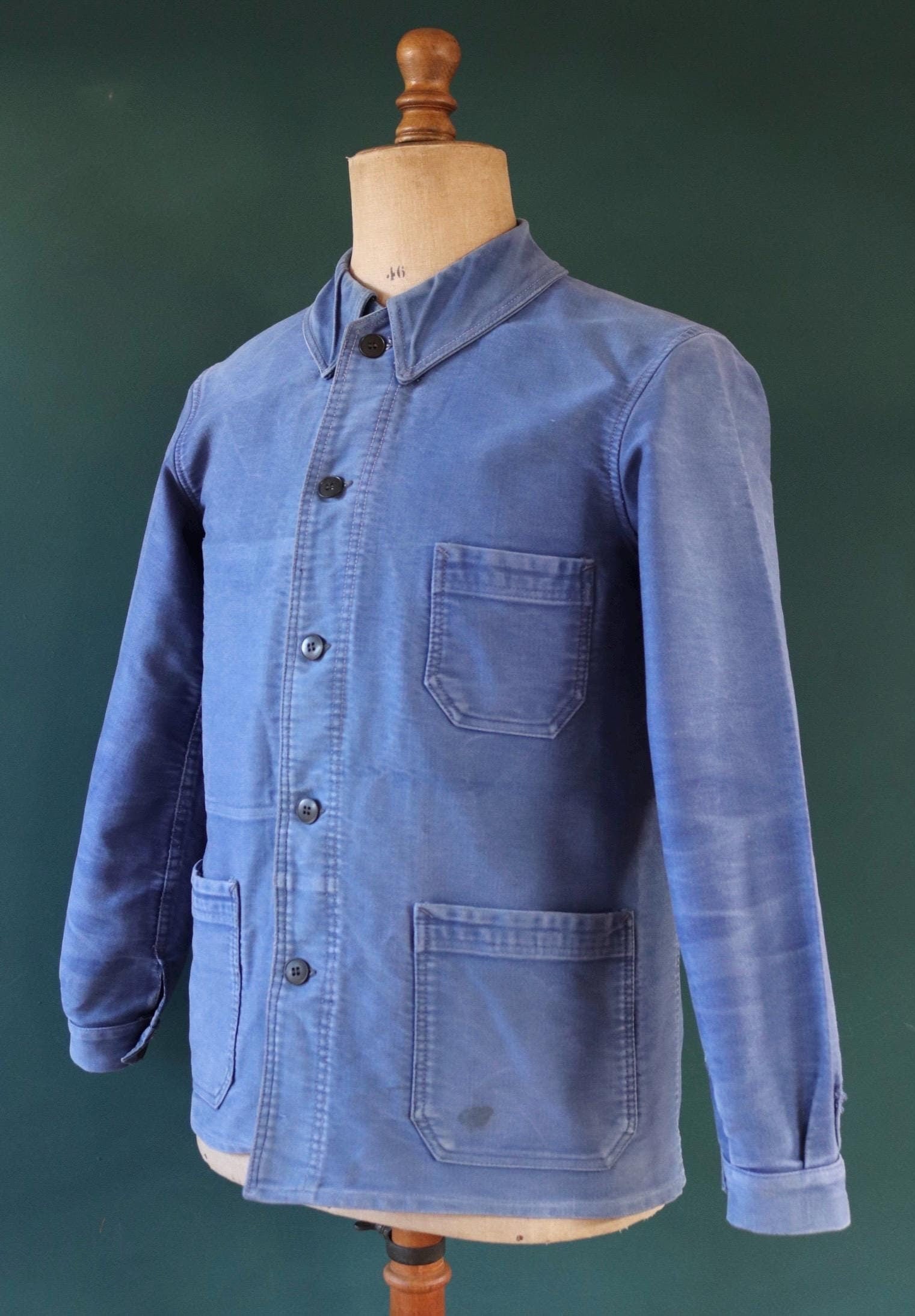 Vintage French workwear jacket blue moleskin work chore faded 41” chest bleu de travail 1940s 1950s