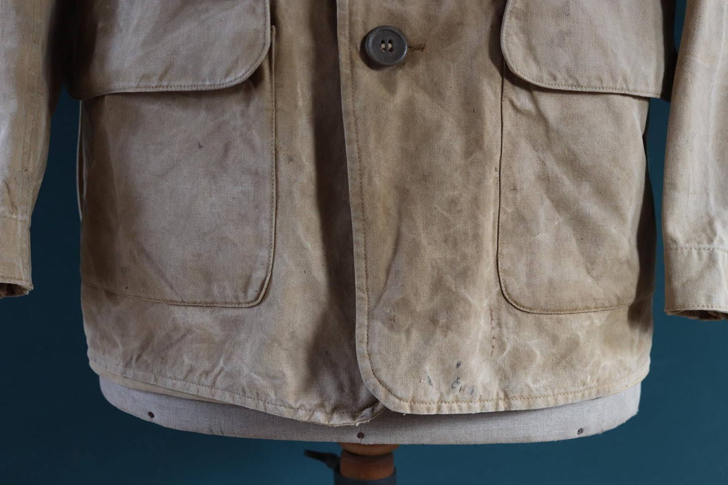 Vintage 1930s 30s 1940s 40s tin cloth duck cotton canvas hunting shooting jacket 43” chest Drybak American workwear work chore