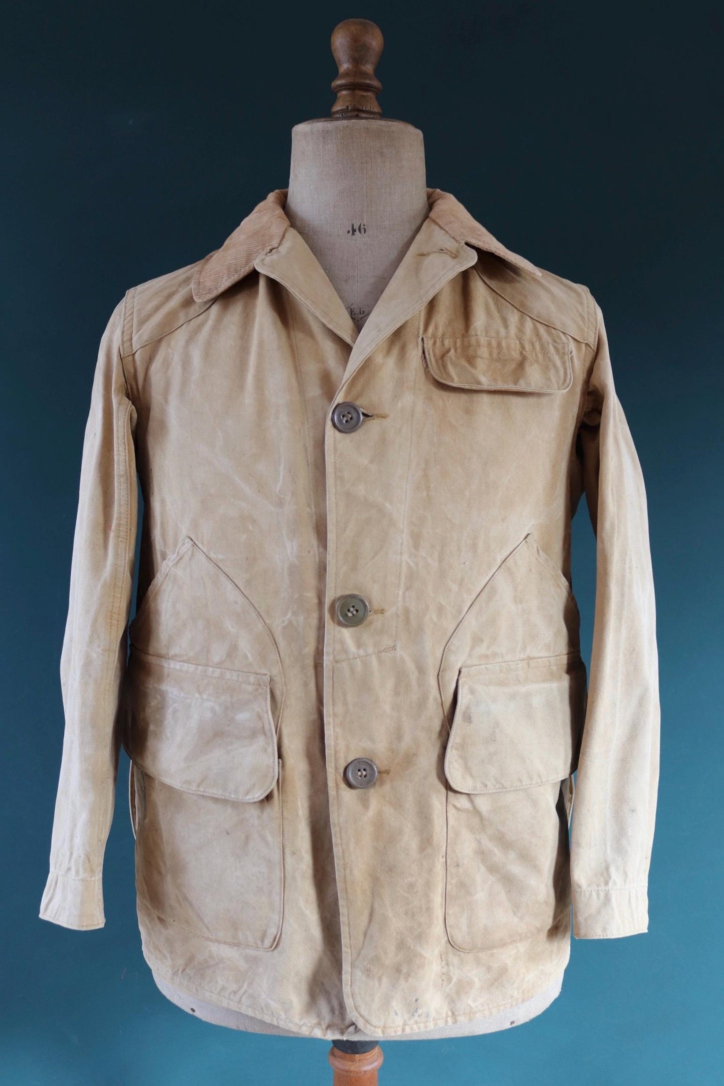 Vintage 1930s 30s 1940s 40s tin cloth duck cotton canvas hunting shooting jacket 43” chest Drybak American workwear work chore