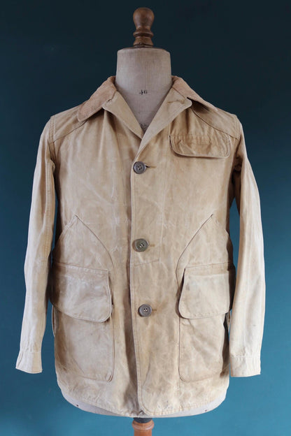 Vintage 1930s 30s 1940s 40s tin cloth duck cotton canvas hunting shooting jacket 43” chest Drybak American workwear work chore