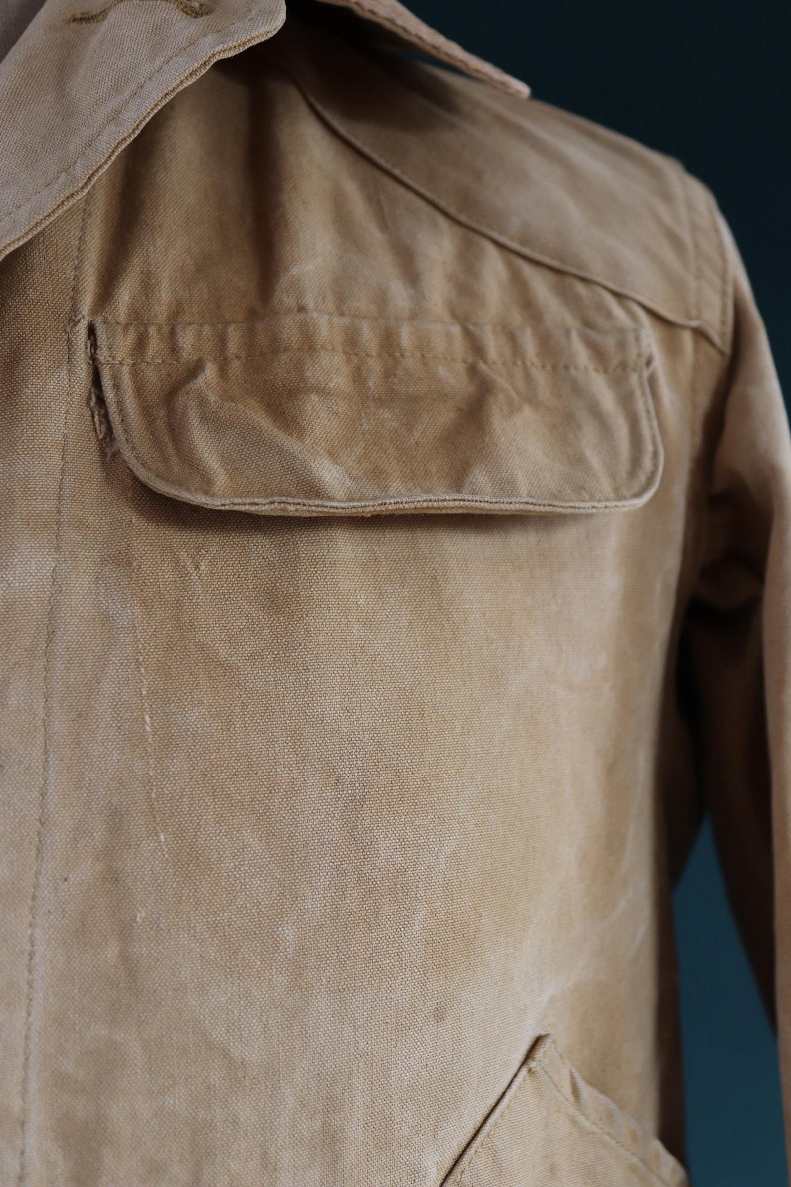 Vintage 1930s 30s 1940s 40s tin cloth duck cotton canvas hunting shooting jacket 43” chest Drybak American workwear work chore