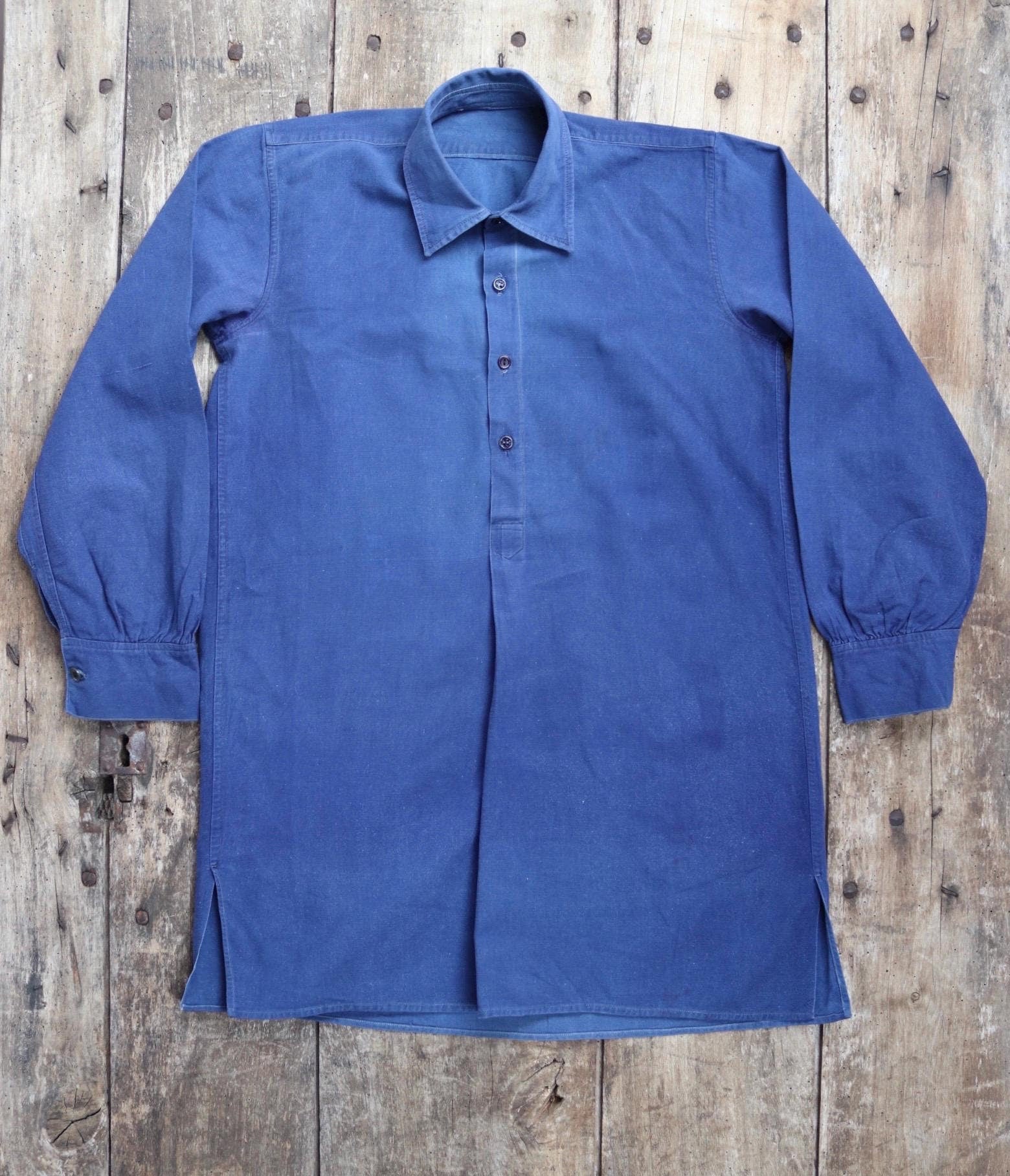 Vintage French workwear shirt 1940s indigo blue cotton work smock pop over 40” chest chore sun faded