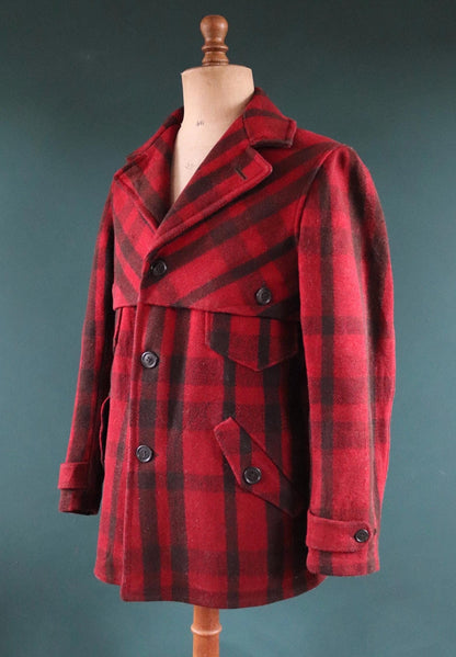 Vintage 1930s 30s 1940s 40s red black plaid JC Penney buffalo plaid wool hunting mackinaw jacket 45” chest workwear work chore logger