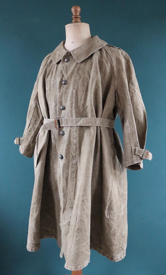 Vintage WW2 French dispatch rider coat 1930s belted green khaki linen overcoat motorcycle long jacket military army M35 M-35