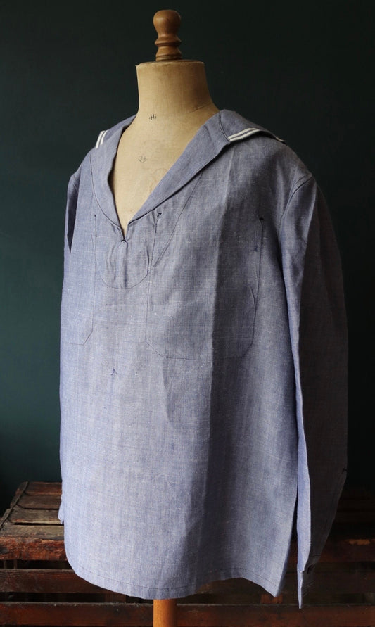 Vintage French Navy shirt 1960s Marine Nationale naval crackerjack bib top jumper linen indigo 51” chest military workwear work sailor