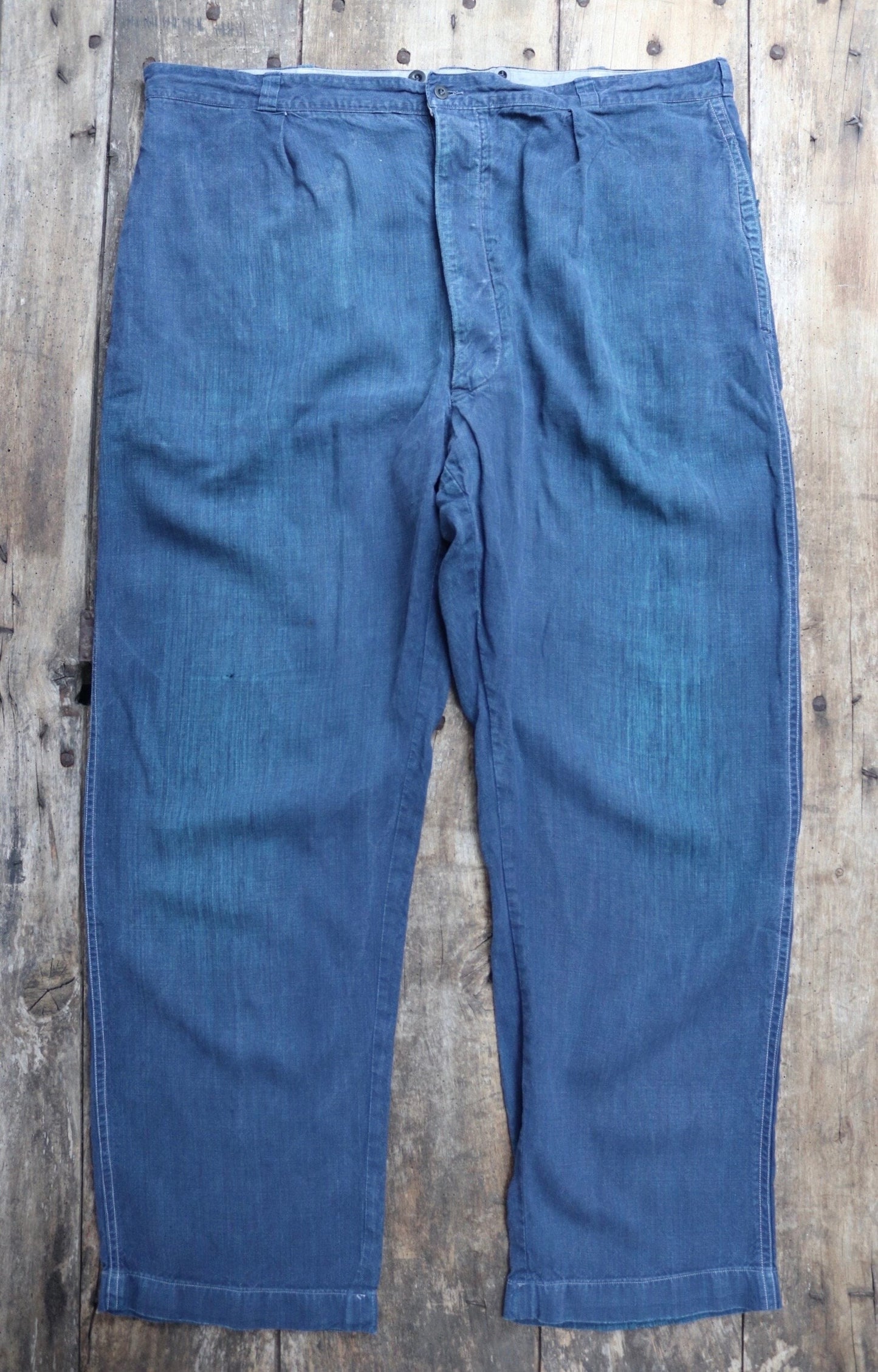 Vintage French linen workwear trousers pants 1930s 1940s indigo maquignon work chore repaired darned 44” x 34”