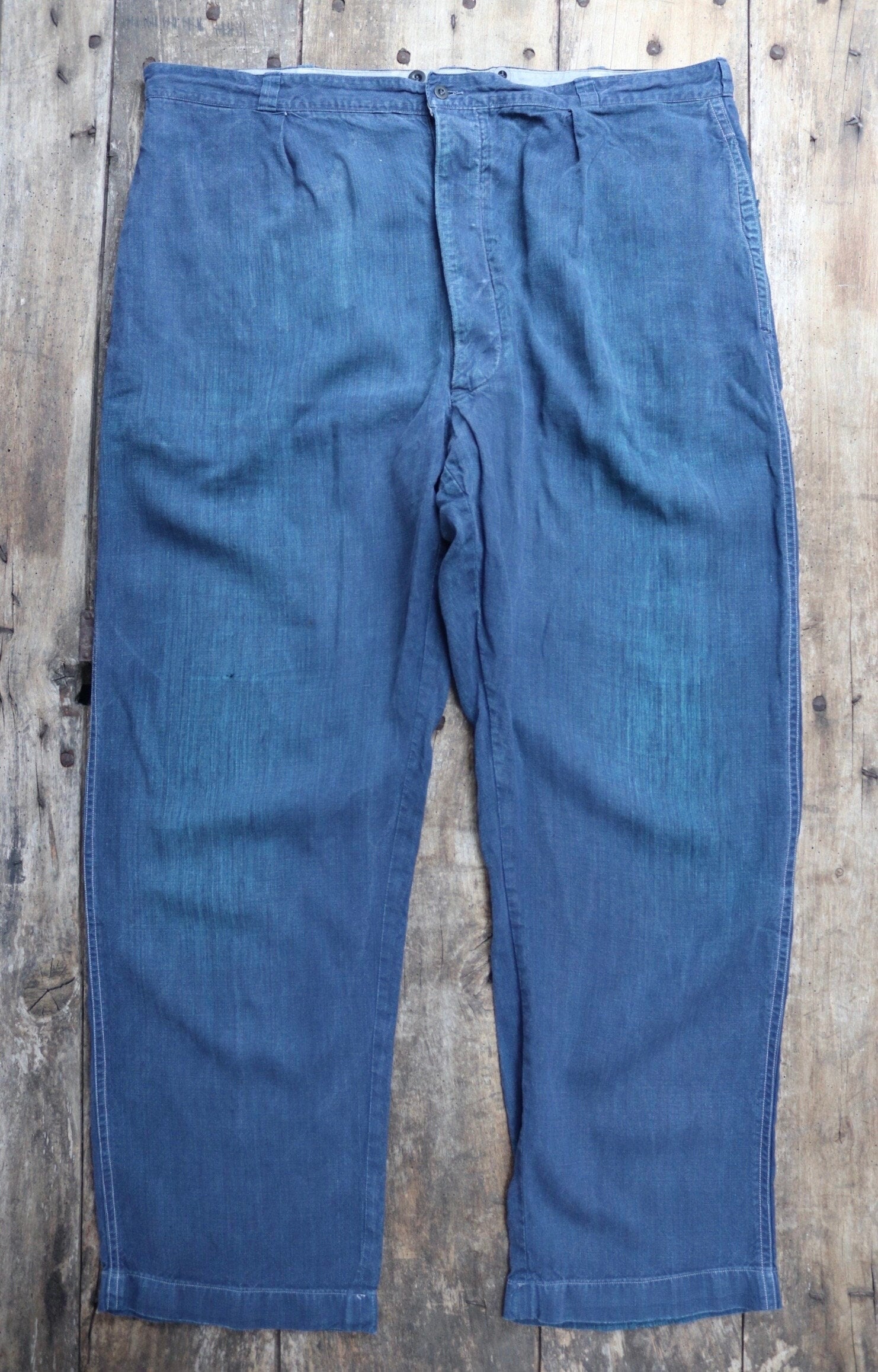 Vintage French linen workwear trousers pants 1930s 1940s indigo maquignon work chore repaired darned 44” x 34”