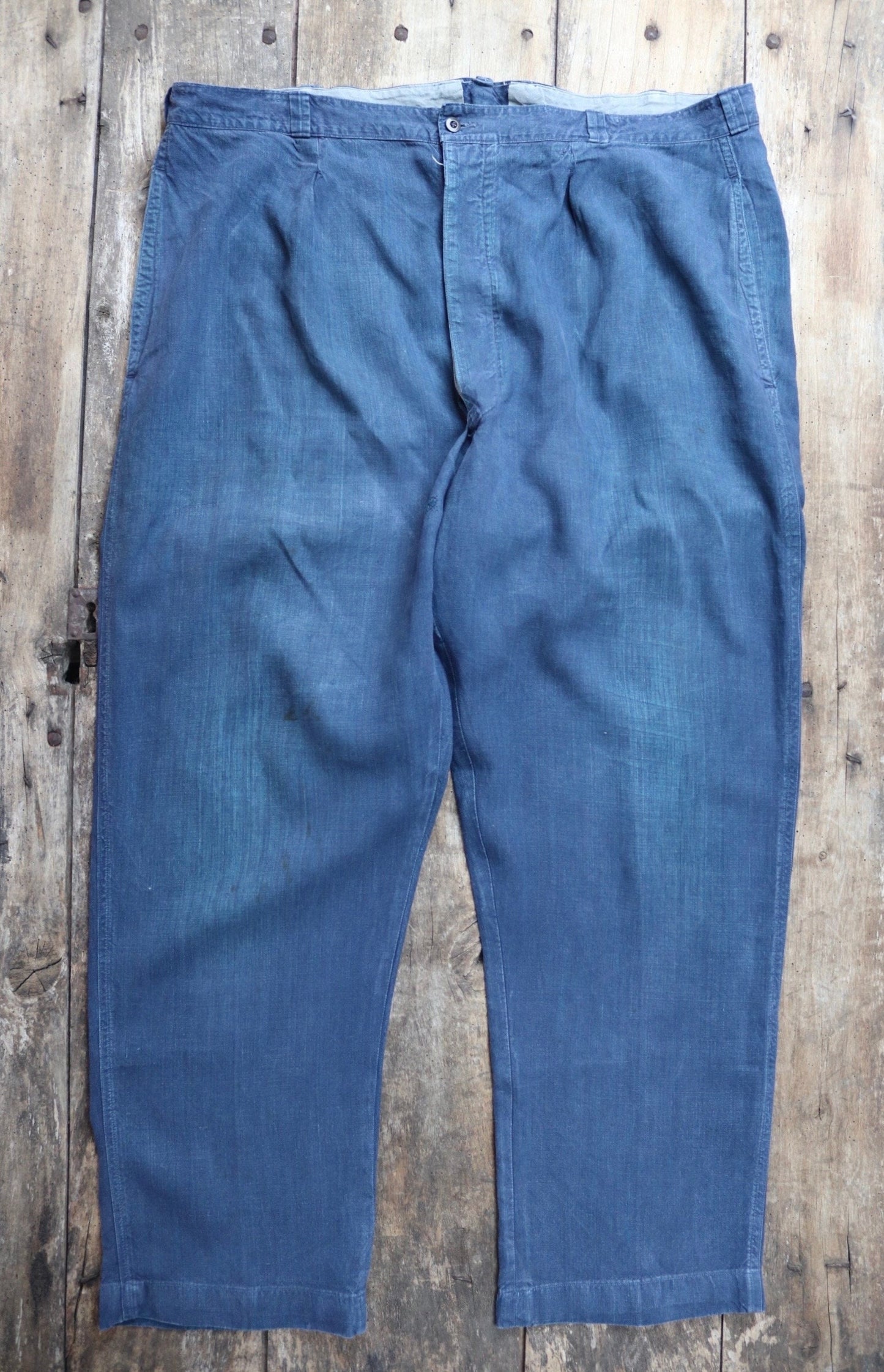 Vintage French work trousers pants linen 1930s 1940s indigo maquignon workwear chore repaired darned 45” x 32”