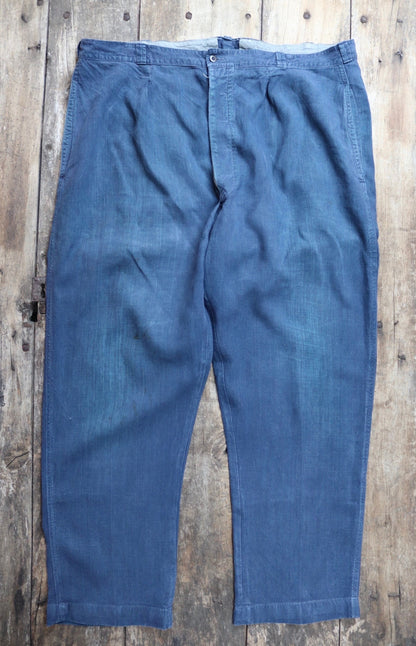 Vintage French work trousers pants linen 1930s 1940s indigo maquignon workwear chore repaired darned 45” x 32”