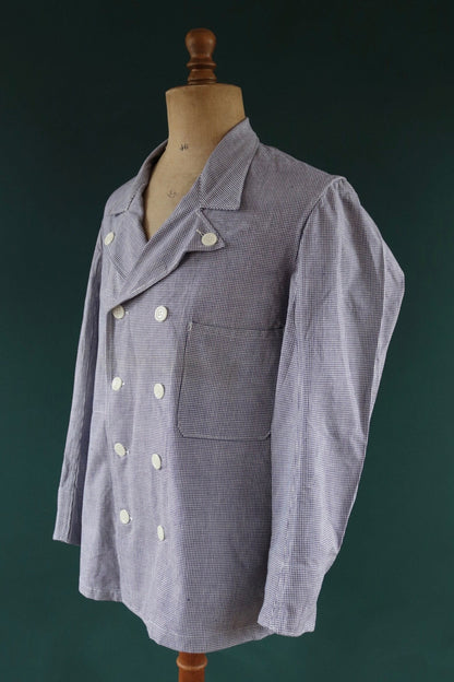 Vintage French work jacket 1960s 1970s puppytooth dogtooth blue white check butchers double breasted workwear chore 44" chest