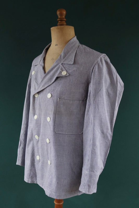 Vintage French work jacket 1960s 1970s puppytooth dogtooth blue white check butchers double breasted workwear chore 44" chest