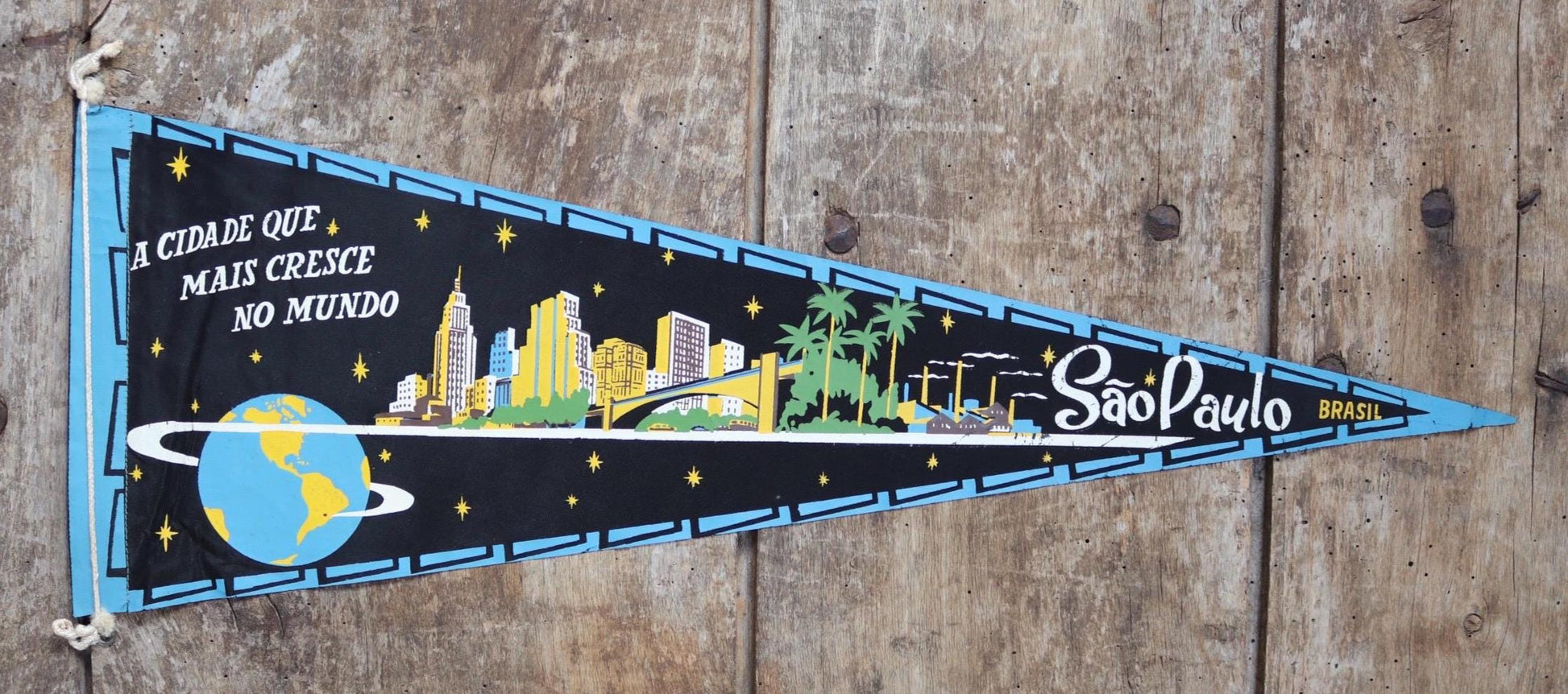 Vintage 1950s home decor Brazilian São Paulo satin mid century tourist souvenir pennant screen printed print