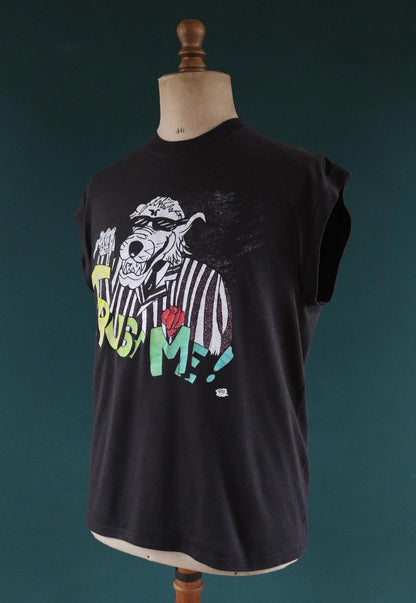 Vintage 1980s 80s 1990s 90s Giant faded black Trust Me wolf print poly cotton singlet vest sports sportswear t shirt 41” chest
