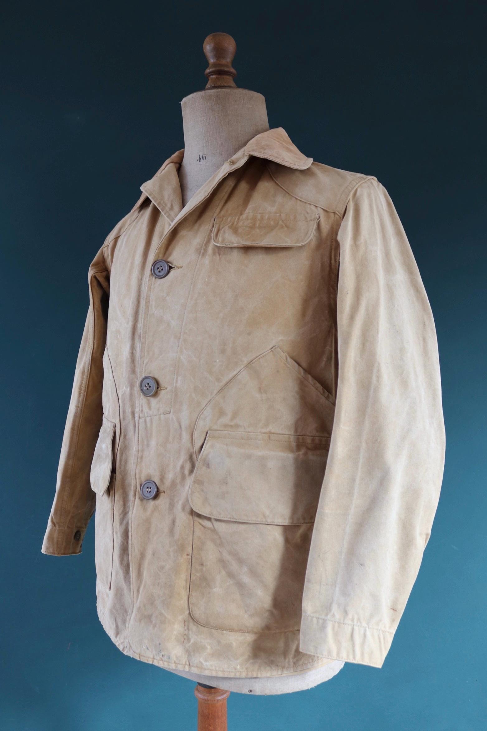 Vintage 1930s 30s 1940s 40s tin cloth duck cotton canvas hunting shooting jacket 43” chest Drybak American workwear work chore