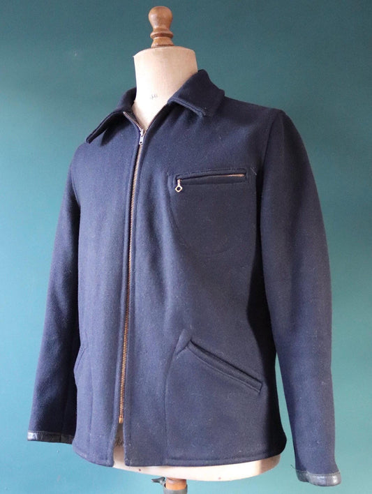 Vintage 1950s 50s Sears Hercules midnight navy blue wool half belt jacket Talon zipper 44” chest car coat
