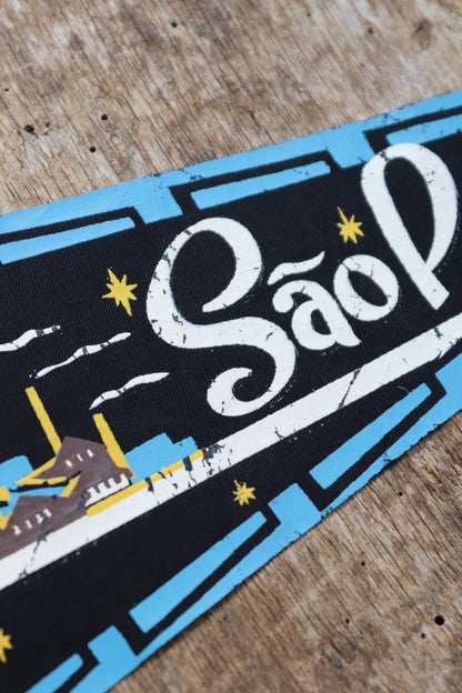 Vintage 1950s home decor Brazilian São Paulo satin mid century tourist souvenir pennant screen printed print