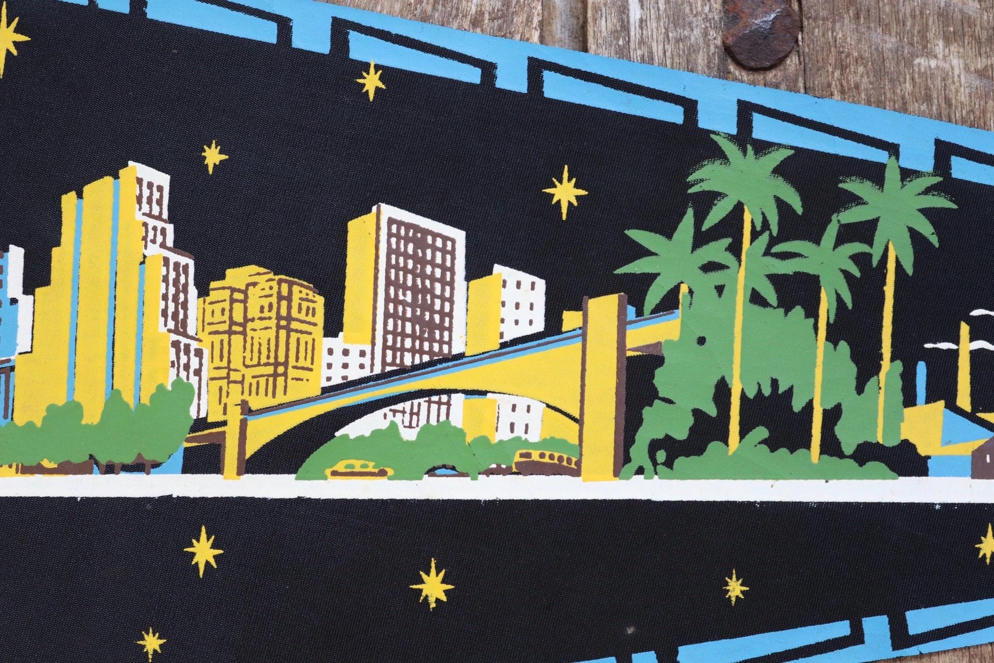 Vintage 1950s home decor Brazilian São Paulo satin mid century tourist souvenir pennant screen printed print