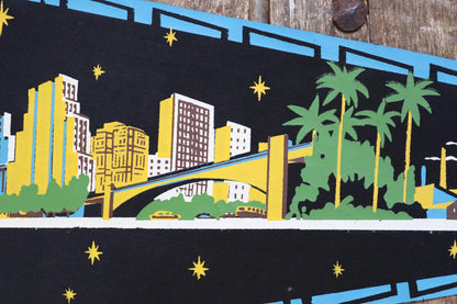 Vintage 1950s home decor Brazilian São Paulo satin mid century tourist souvenir pennant screen printed print