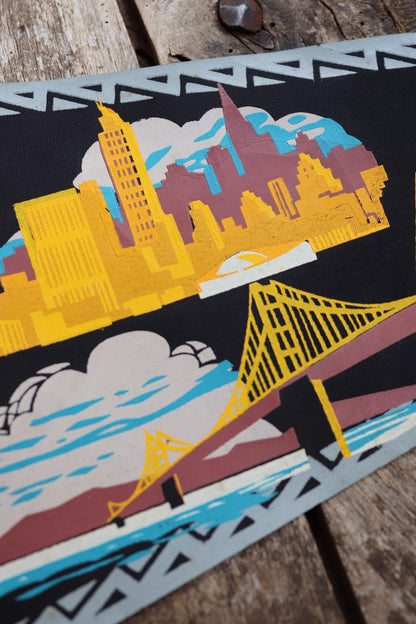 Vintage 1950s home decor Brazilian Santos satin mid century tourist souvenir pennant screen printed print