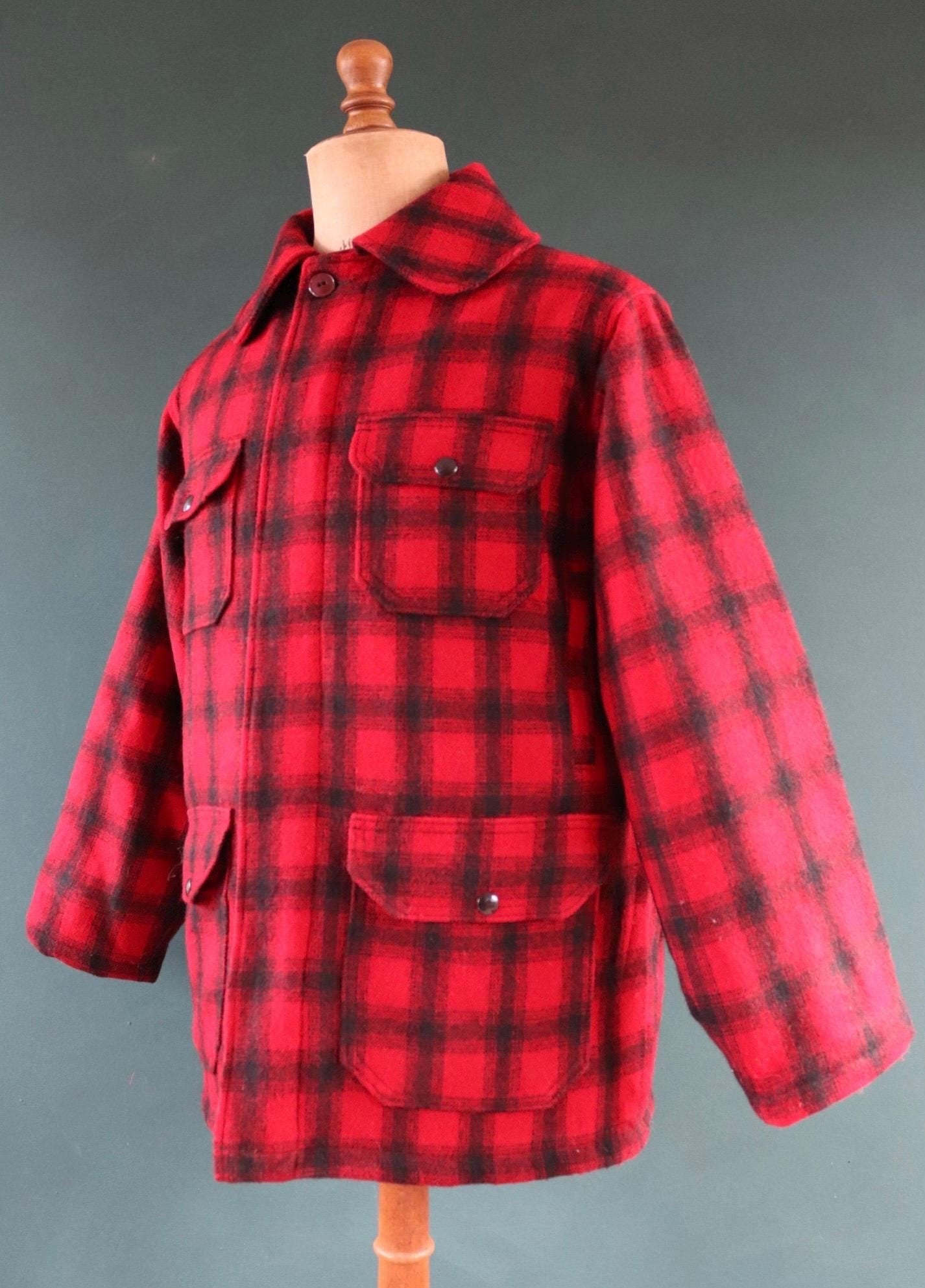 Vintage 1970s 70s 1980s 80s red black plaid Woolrich buffalo wool hunting mackinaw jacket 48” chest workwear work chore checked