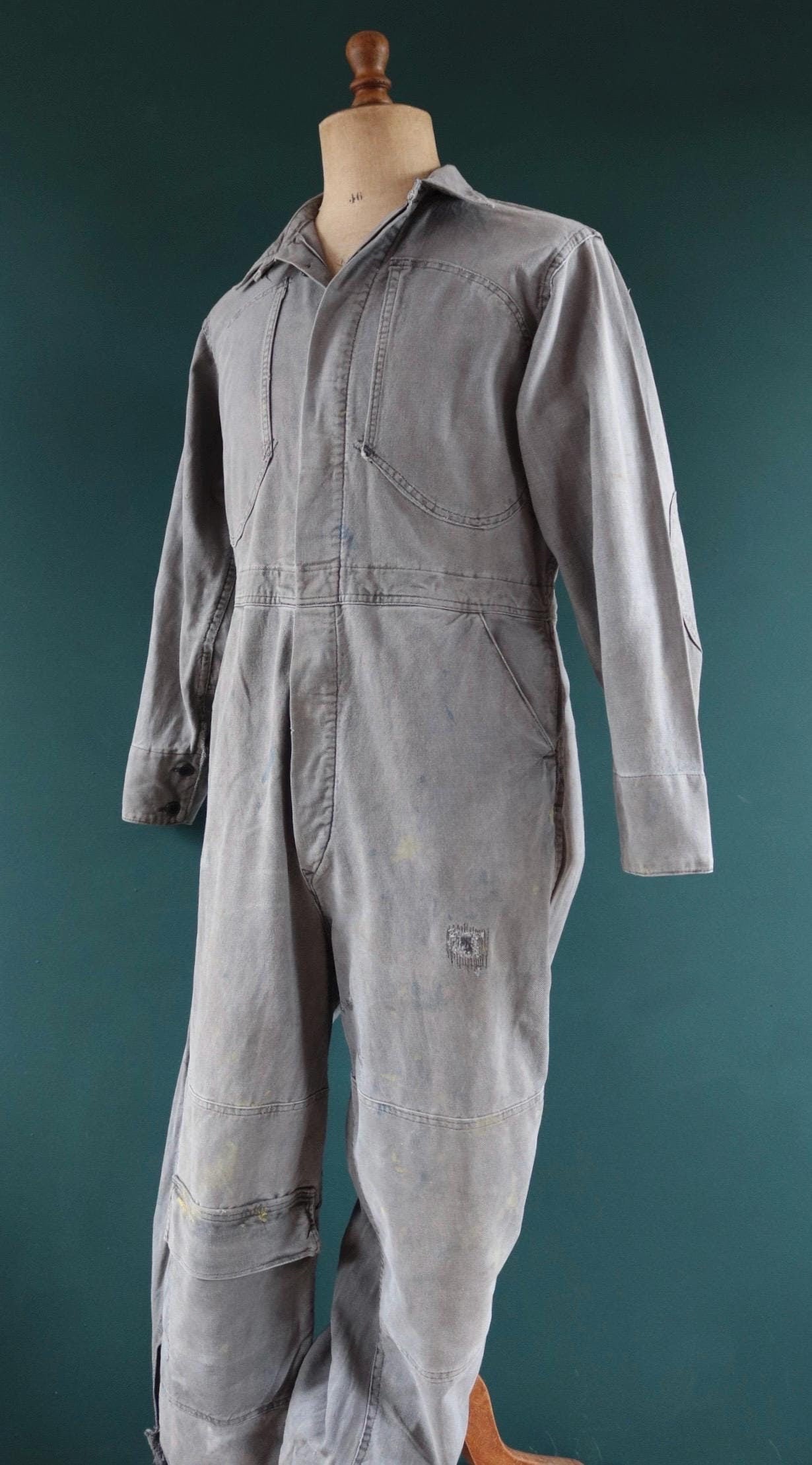 Vintage 1940s 40s 1950s 50s Swedish black cotton denim overalls coveralls mechanic tank crew military work chore workwear 44” x 36” x 27”